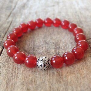 Carnelian Gemstone Beaded Stretch Bracelet Sterling Silver Unisex 10mm 8 inch
